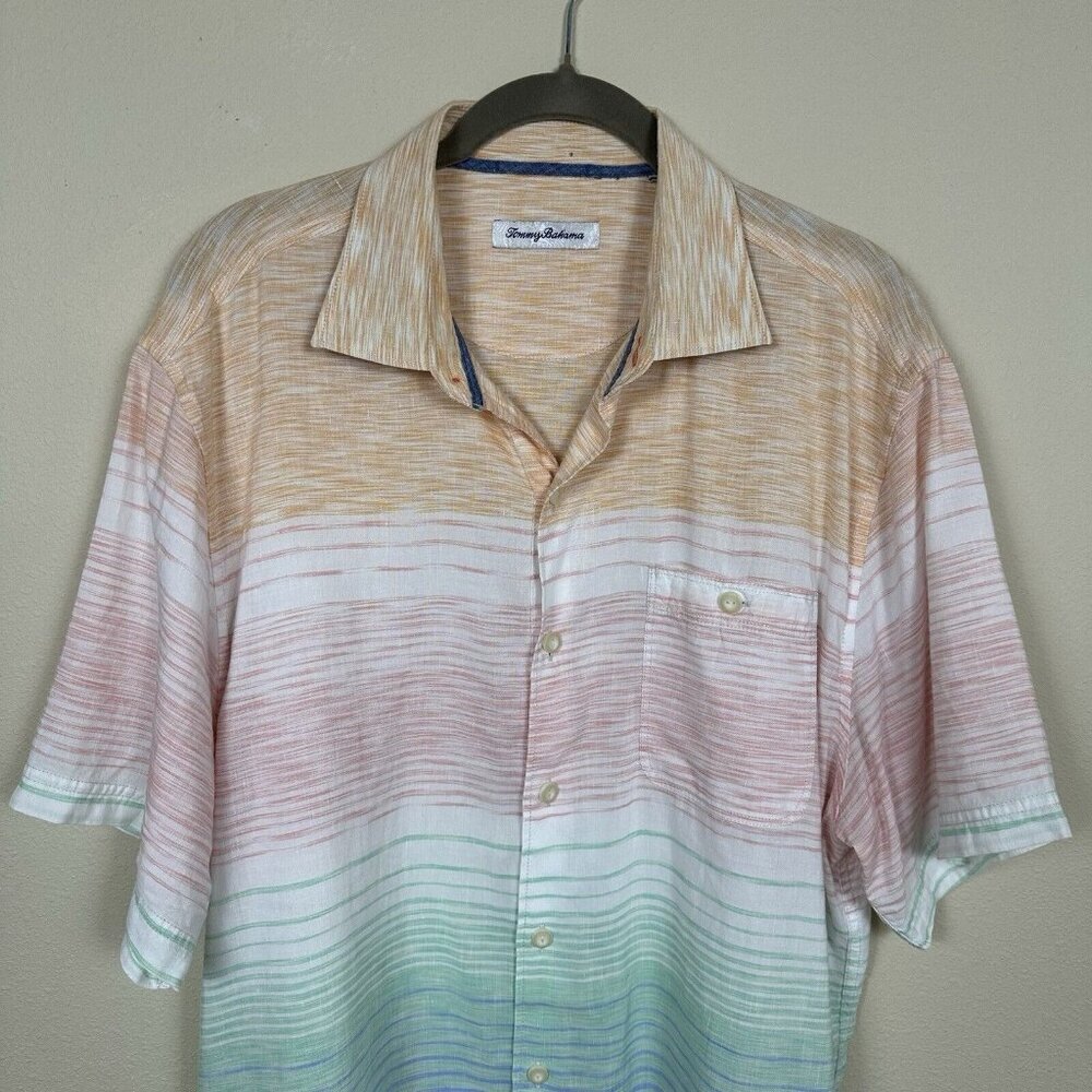 Tommy Bahama LINEN BLEND Mens Size Large Short Sleeve Button Up Shirt Striped - Picture 3 of 10